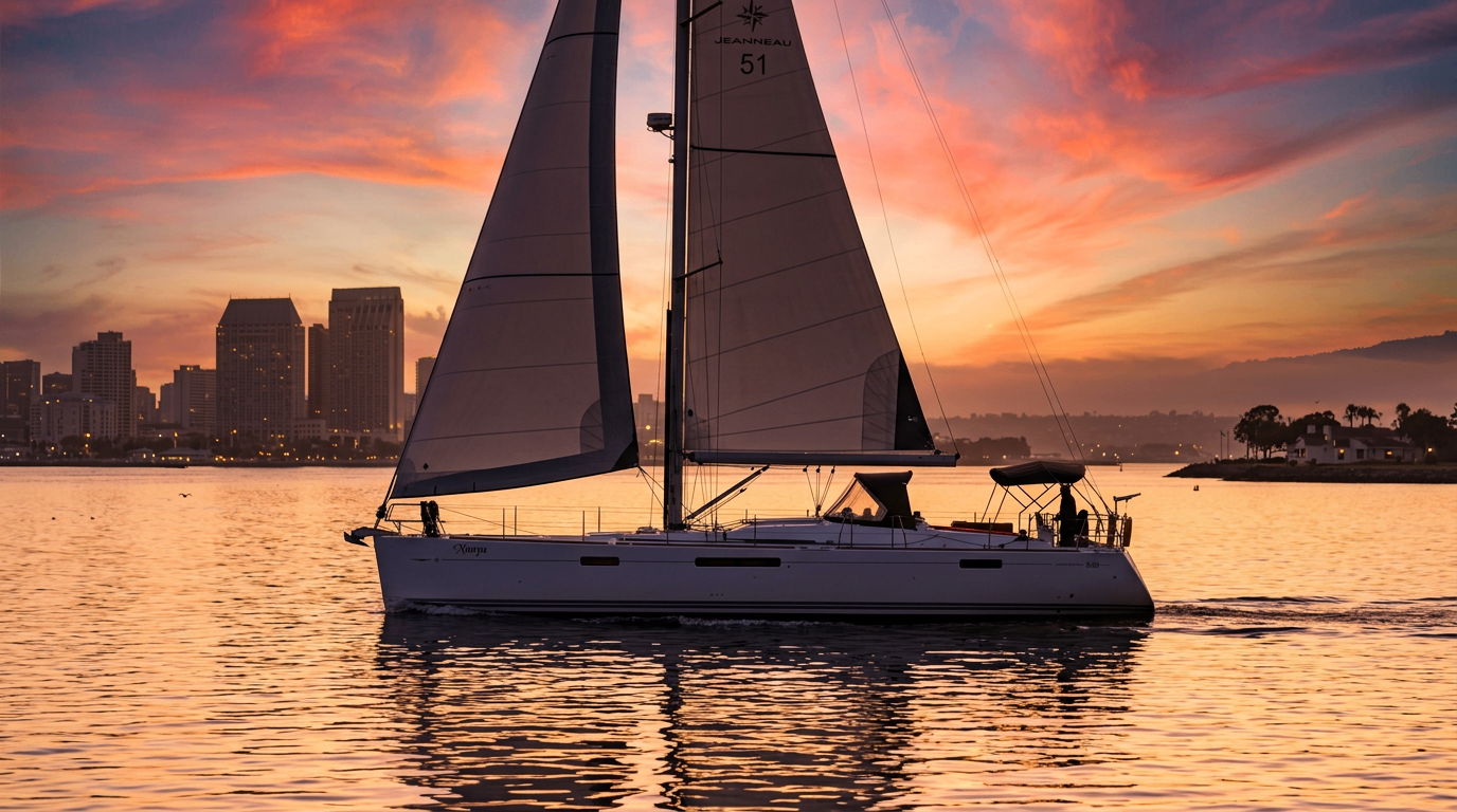 Sailing yacht on San Diego Bay during a vibrant golden hour sunset
